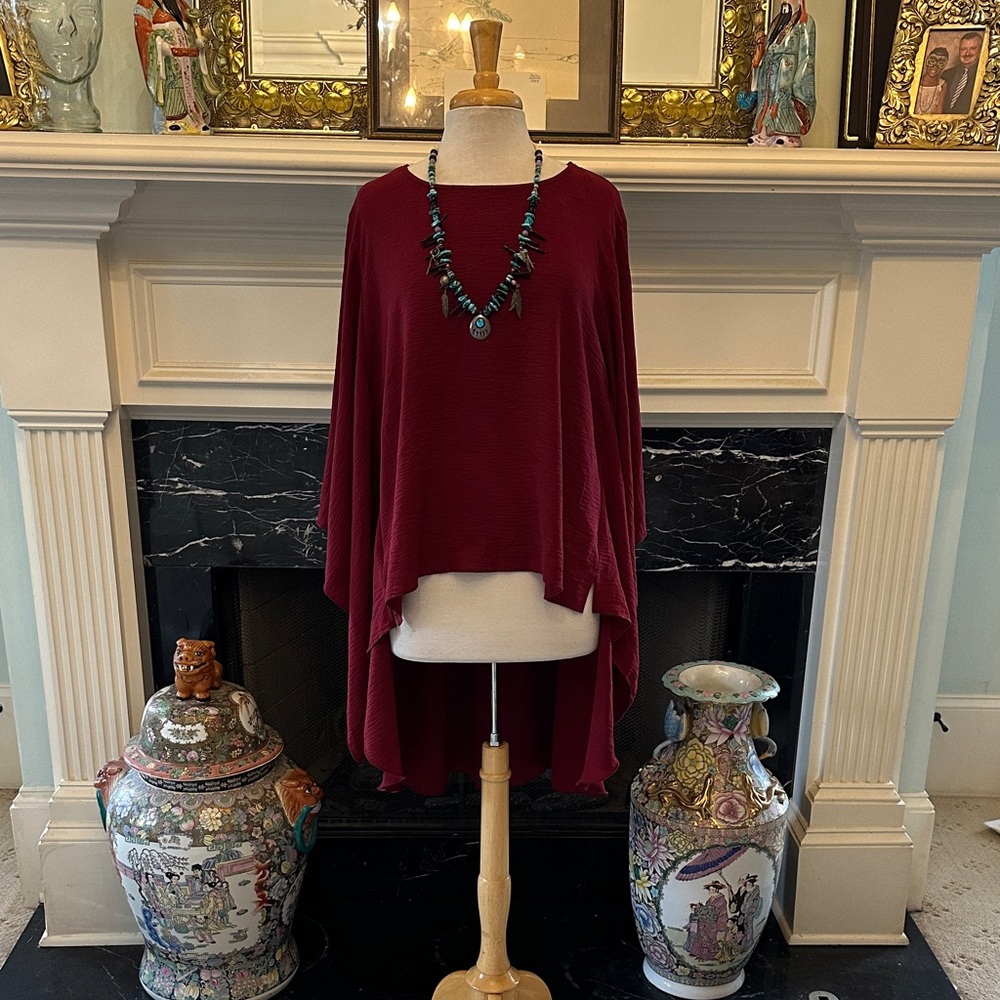 “Kim & Cami” Burgundy High Low Poncho Top